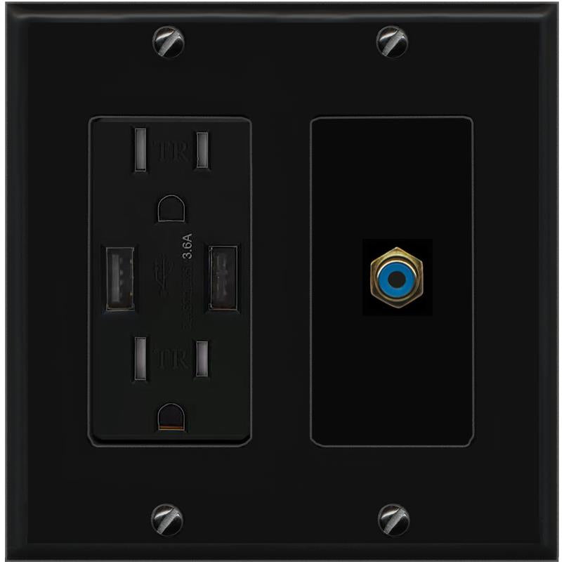 RiteAV RCA-BLUE Wall Plate with USB A Charger Power Outlet [Black]