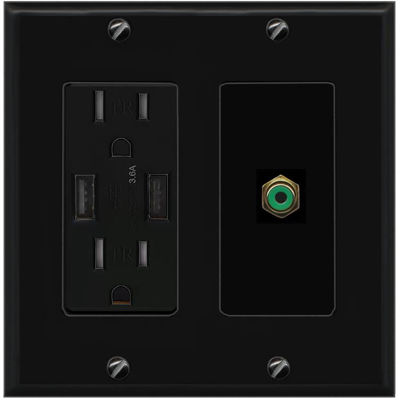 RiteAV RCA-GREEN Wall Plate with USB A Charger Power Outlet [Black]