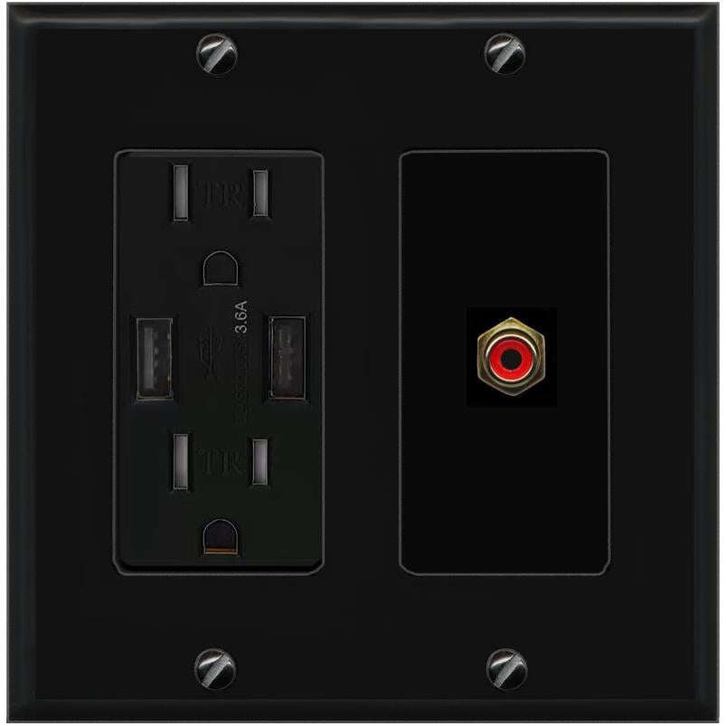 RiteAV RCA-RED Wall Plate with USB A Charger Power Outlet [Black]