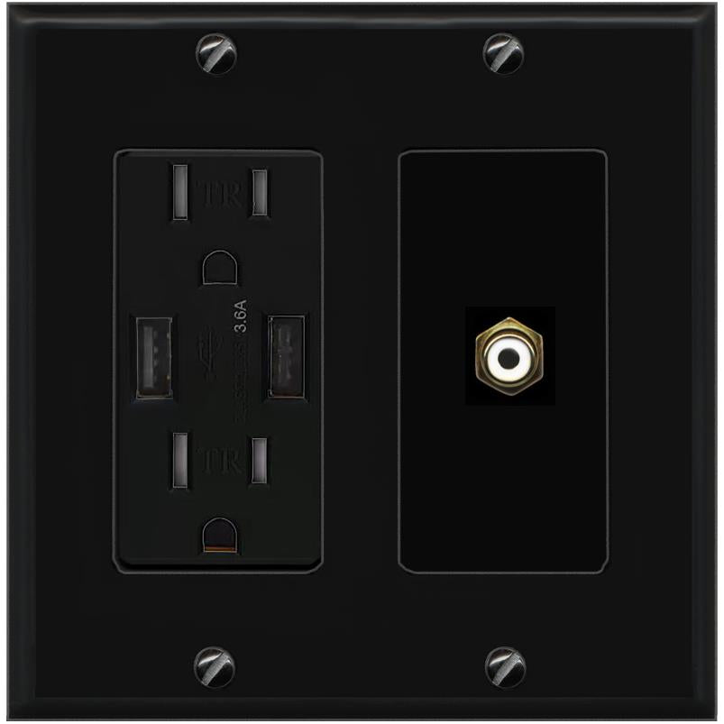 RiteAV RCA-WHITE Wall Plate with USB A Charger Power Outlet [Black]