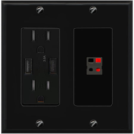 RiteAV SPEAKER Wall Plate with USB A Charger Power Outlet [Black]