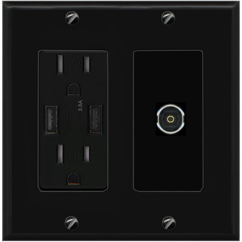 RiteAV TOSLINK Wall Plate with USB A Charger Power Outlet [Black]