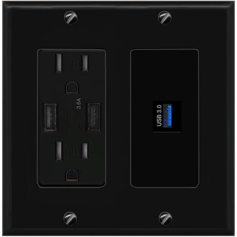 RiteAV USB-3 Wall Plate with USB A Charger Power Outlet [Black]