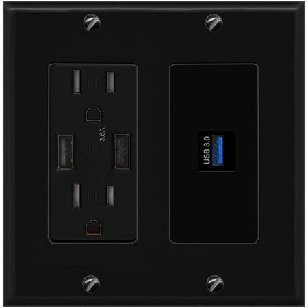 RiteAV USB-3 Wall Plate with USB A Charger Power Outlet [Black]