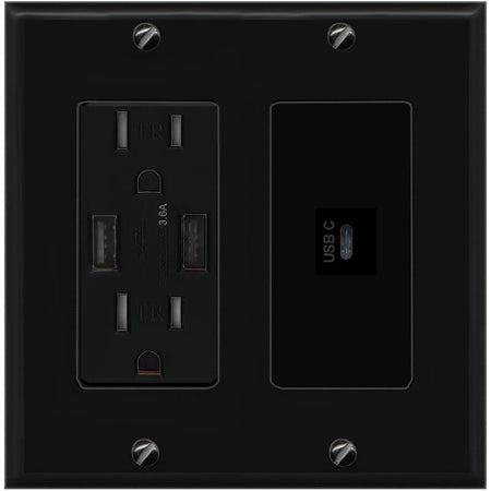RiteAV USBC Wall Plate with USB A Charger Power Outlet [Black]