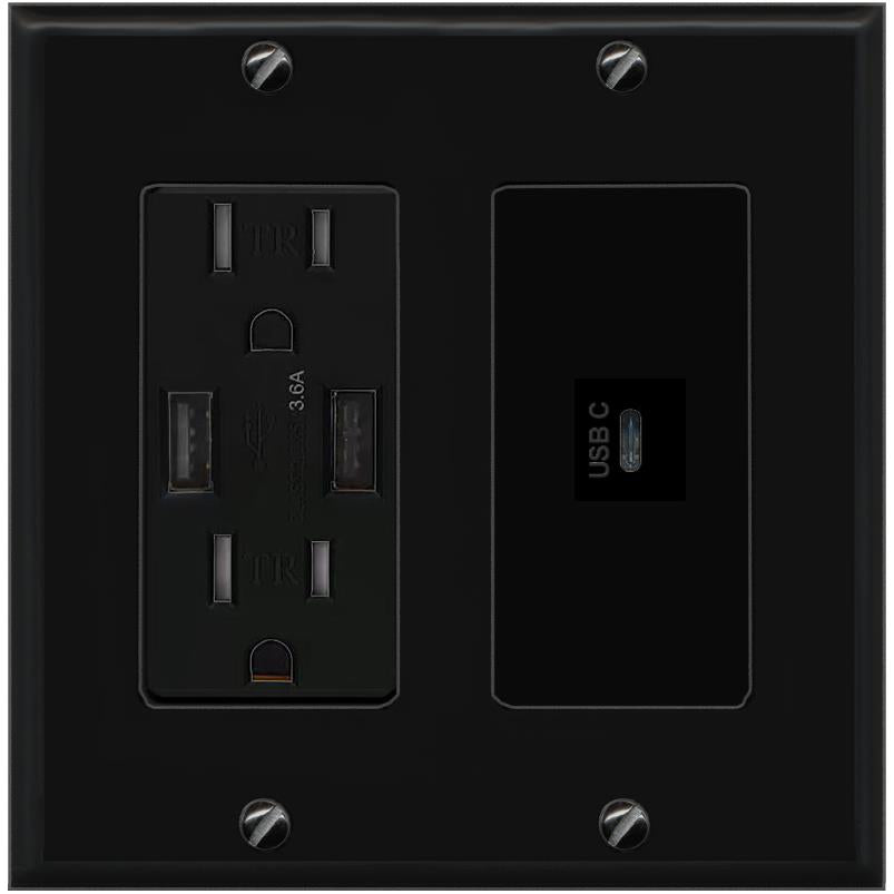 RiteAV USBC Wall Plate with USB A Charger Power Outlet [Black]