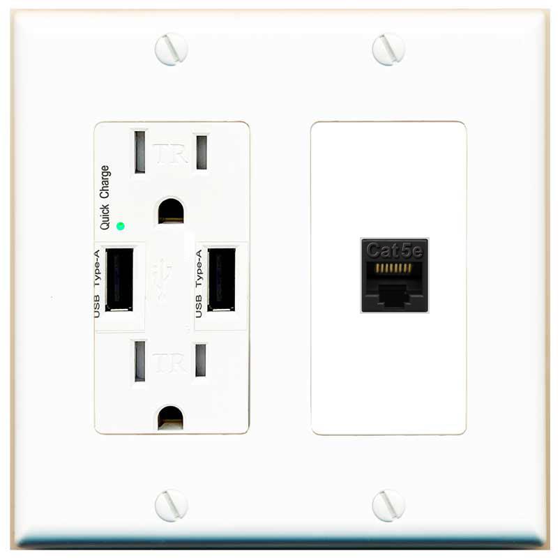 RiteAV CAT5E-BLACK Wall Plate with USB A Charger Power Outlet [White]