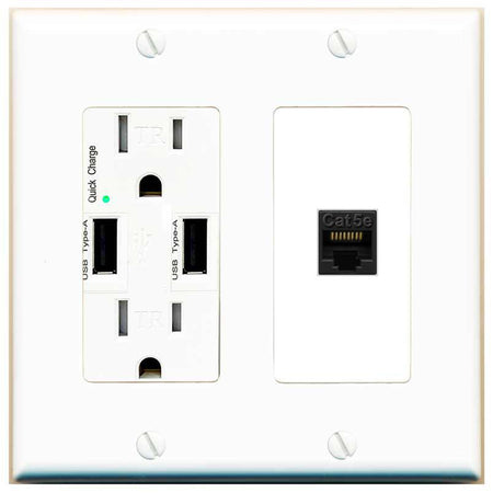 RiteAV CAT5E-BLACK Wall Plate with USB A Charger Power Outlet [White]