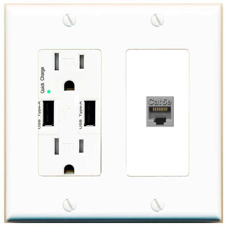RiteAV CAT5E-GRAY Wall Plate with USB A Charger Power Outlet [White]