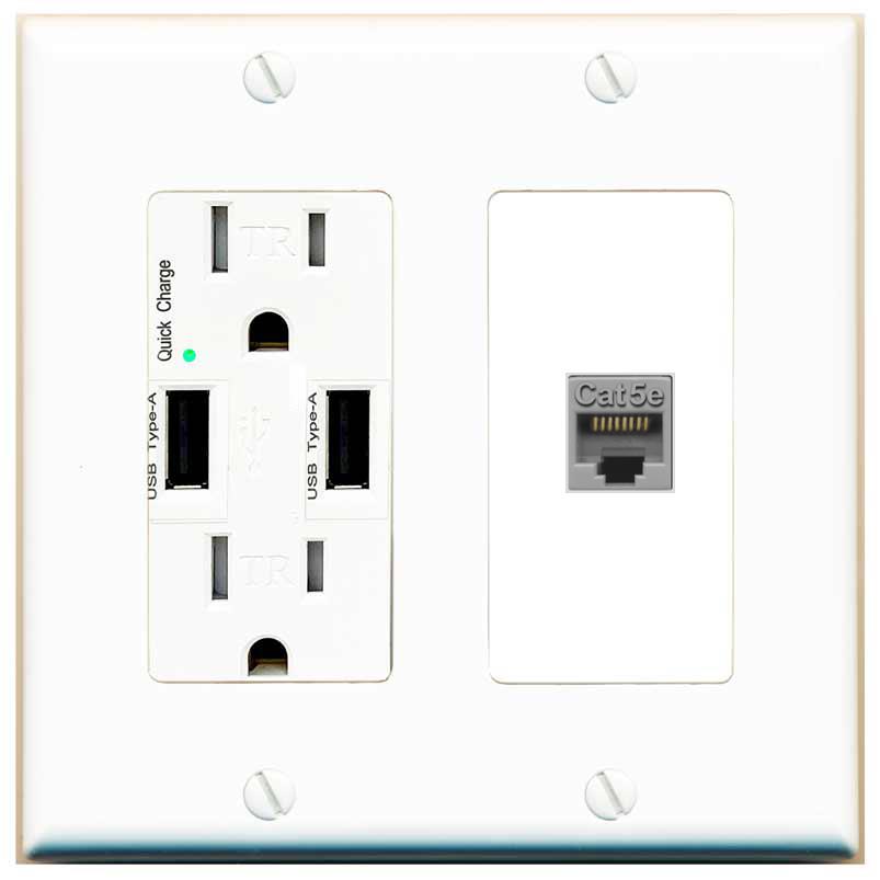 RiteAV CAT5E-GRAY Wall Plate with USB A Charger Power Outlet [White]