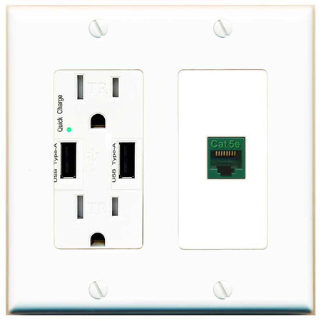 RiteAV CAT5E-GREEN Wall Plate with USB A Charger Power Outlet [White]