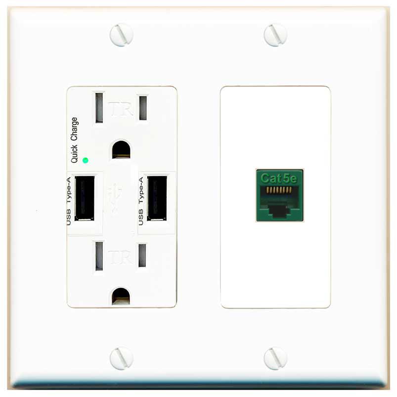 RiteAV CAT5E-GREEN Wall Plate with USB A Charger Power Outlet [White]