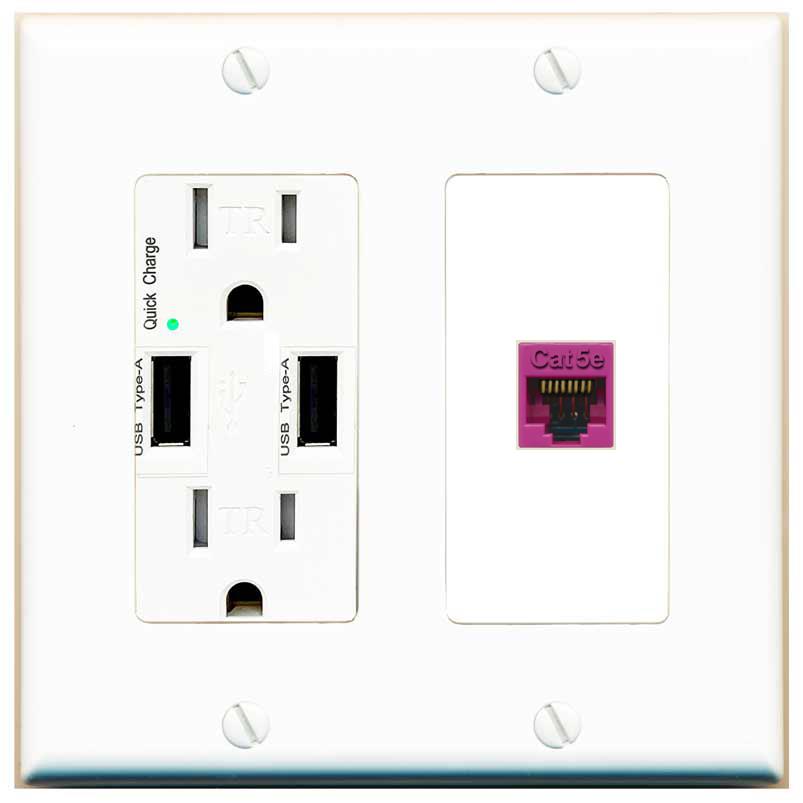 RiteAV CAT5E-PINK Wall Plate with USB A Charger Power Outlet [White]