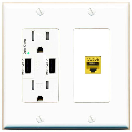 RiteAV CAT5E-YELLOW Wall Plate with USB A Charger Power Outlet [White]