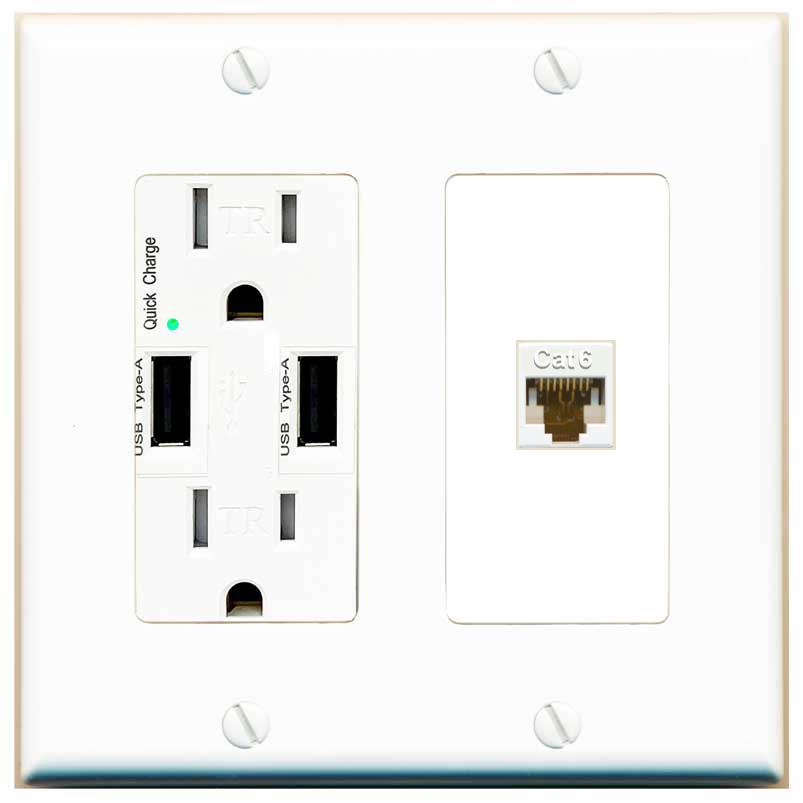 RiteAV CAT6-WHITE Wall Plate with USB A Charger Power Outlet [White]