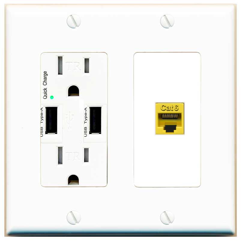 RiteAV CAT6-YELLOW Wall Plate with USB A Charger Power Outlet [White]