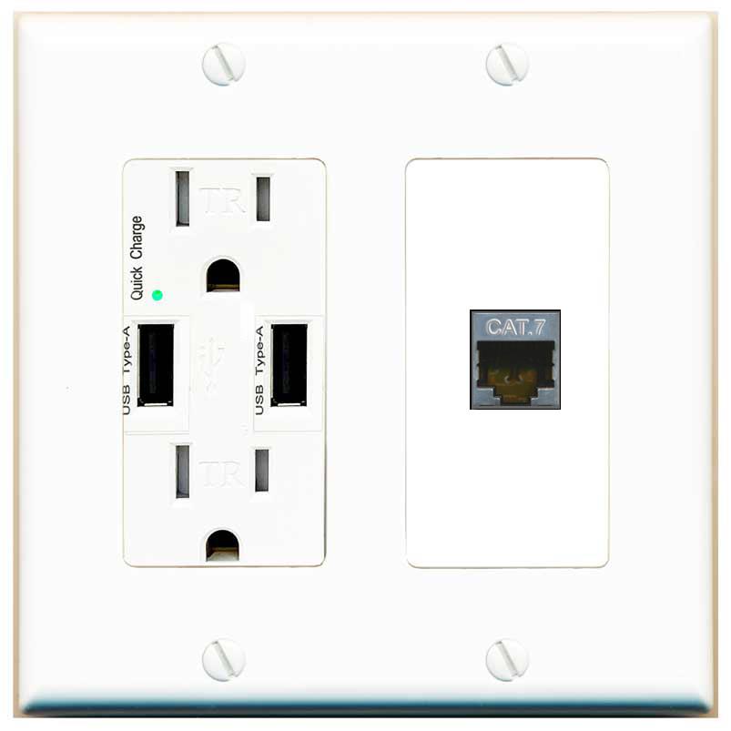 RiteAV CAT7 Wall Plate with USB A Charger Power Outlet [White]