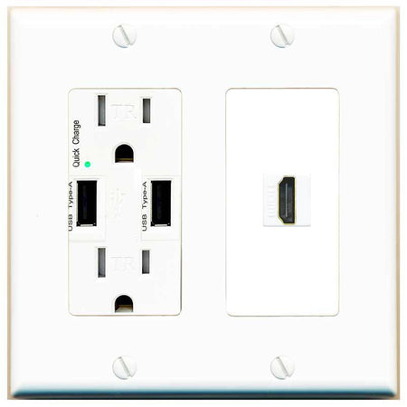 RiteAV HDMI Wall Plate with USB A Charger Power Outlet [White]