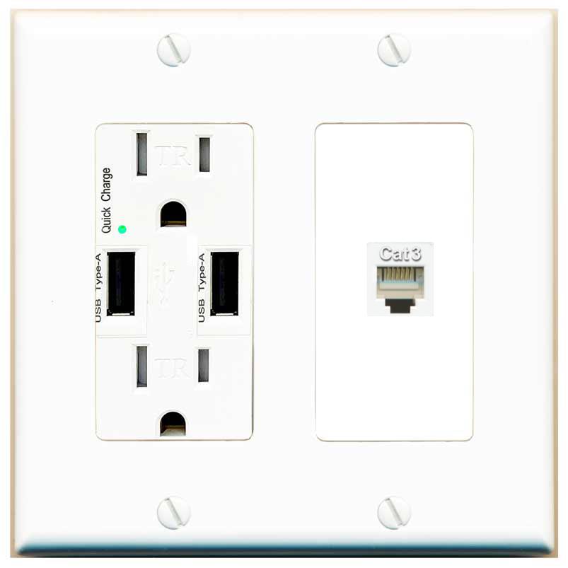 RiteAV PHONE Wall Plate with USB A Charger Power Outlet [White]