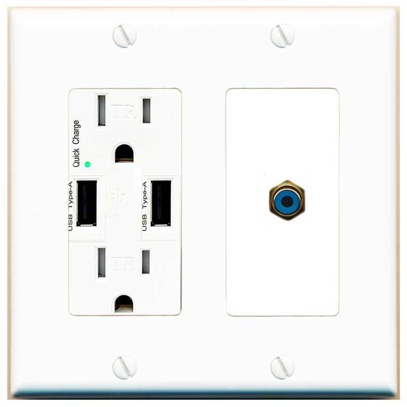 RiteAV RCA-BLUE Wall Plate with USB A Charger Power Outlet [White]