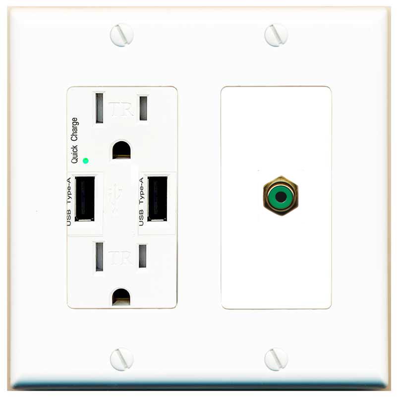 RiteAV RCA-GREEN Wall Plate with USB A Charger Power Outlet [White]