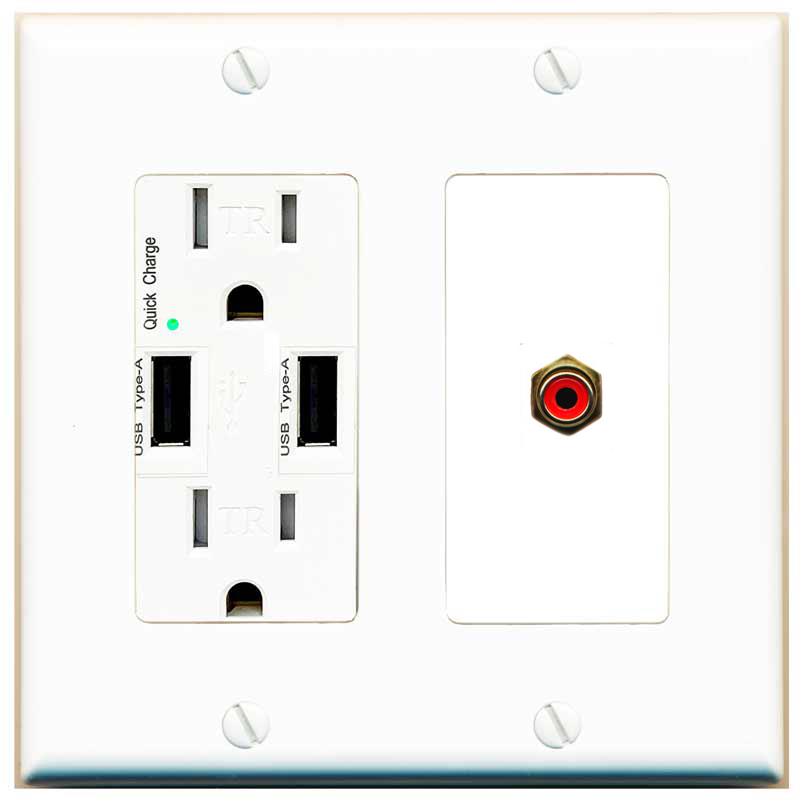 RiteAV RCA-RED Wall Plate with USB A Charger Power Outlet [White]