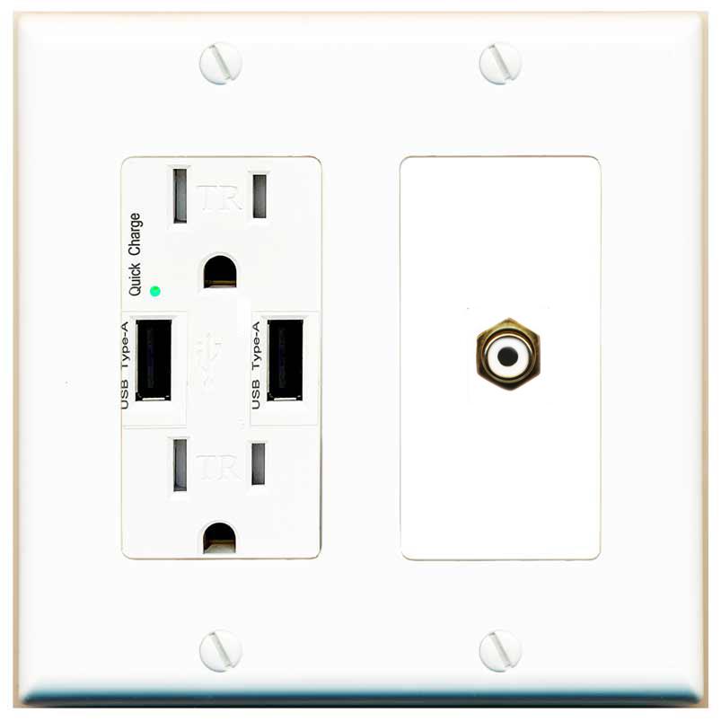 RiteAV RCA-WHITE Wall Plate with USB A Charger Power Outlet [White]