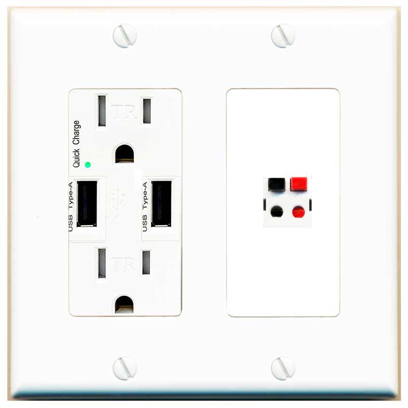 RiteAV SPEAKER Wall Plate with USB A Charger Power Outlet [White]