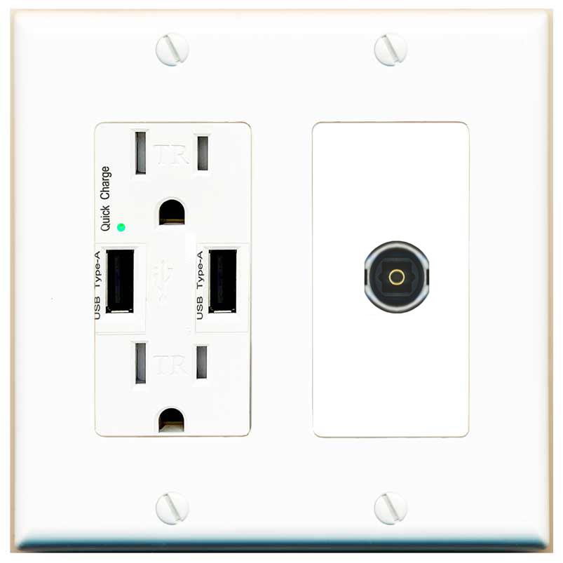 RiteAV TOSLINK Wall Plate with USB A Charger Power Outlet [White]