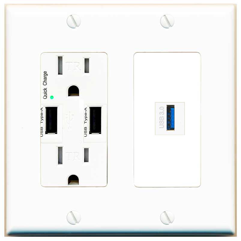 RiteAV USB-3 Wall Plate with USB A Charger Power Outlet [White]