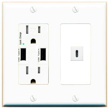 RiteAV USBC Wall Plate with USB A Charger Power Outlet [White]