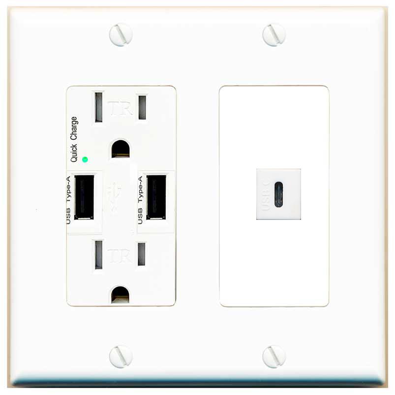 RiteAV USBC Wall Plate with USB A Charger Power Outlet [White]