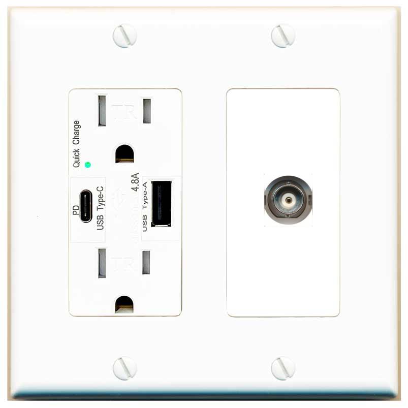 [1 Ports] BNC Wall Plate with USB A and C Chargers [White]