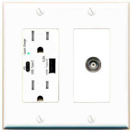 [1 Ports] BNC Wall Plate with USB A and C Chargers [White]