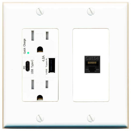 [1 Ports] CAT5E-BLACK Wall Plate with USB A and C Chargers [White]