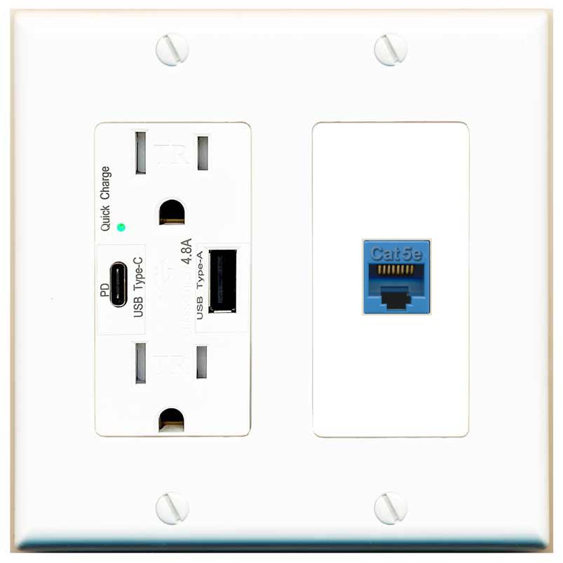 [1 Ports] CAT5E-BLUE Wall Plate with USB A and C Chargers [White]