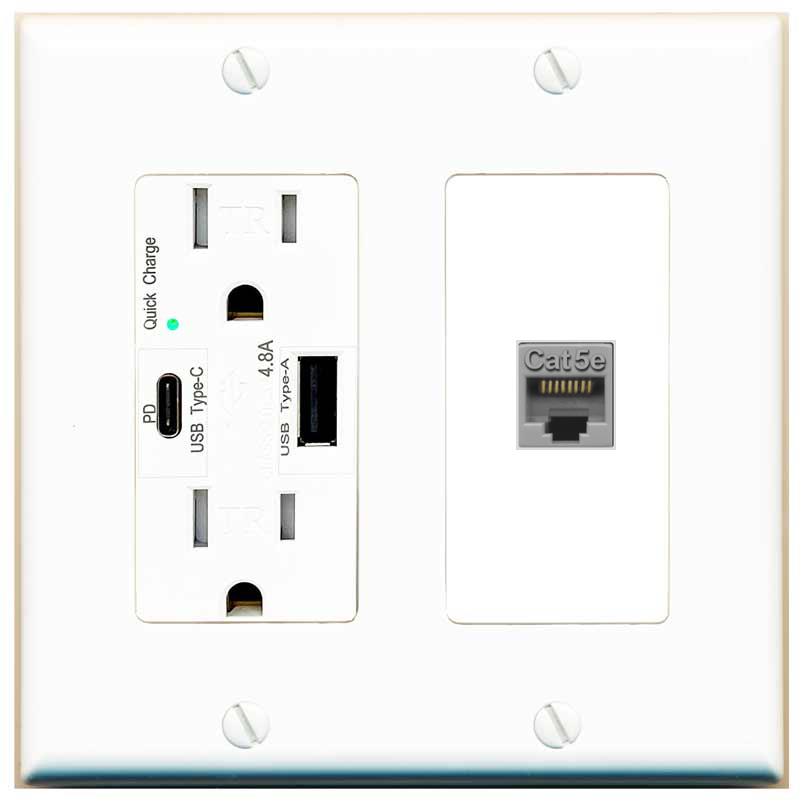 [1 Ports] CAT5E-GRAY Wall Plate with USB A and C Chargers [White]