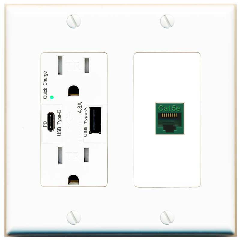 [1 Ports] CAT5E-GREEN Wall Plate with USB A and C Chargers [White]