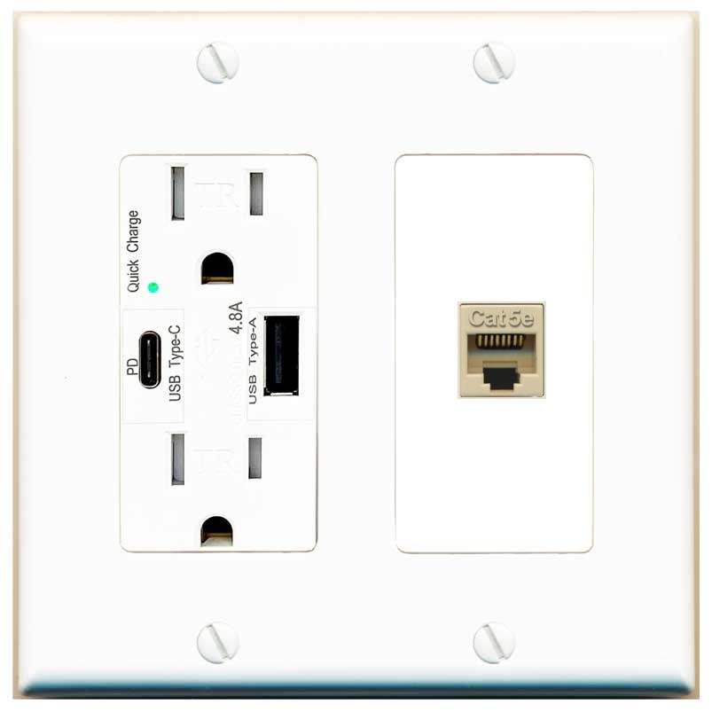 [1 Ports] CAT5E-IVORY Wall Plate with USB A and C Chargers [White]