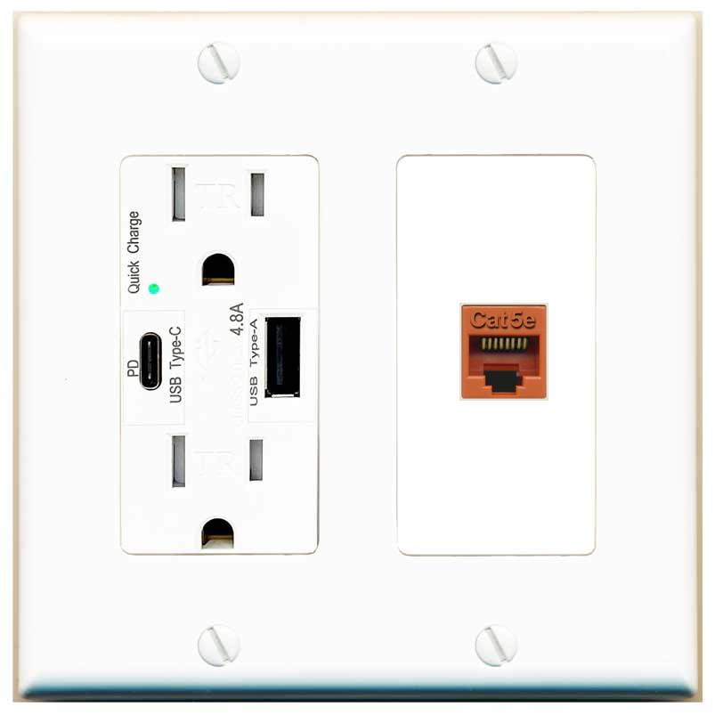 [1 Ports] CAT5E-ORANGE Wall Plate with USB A and C Chargers [White]