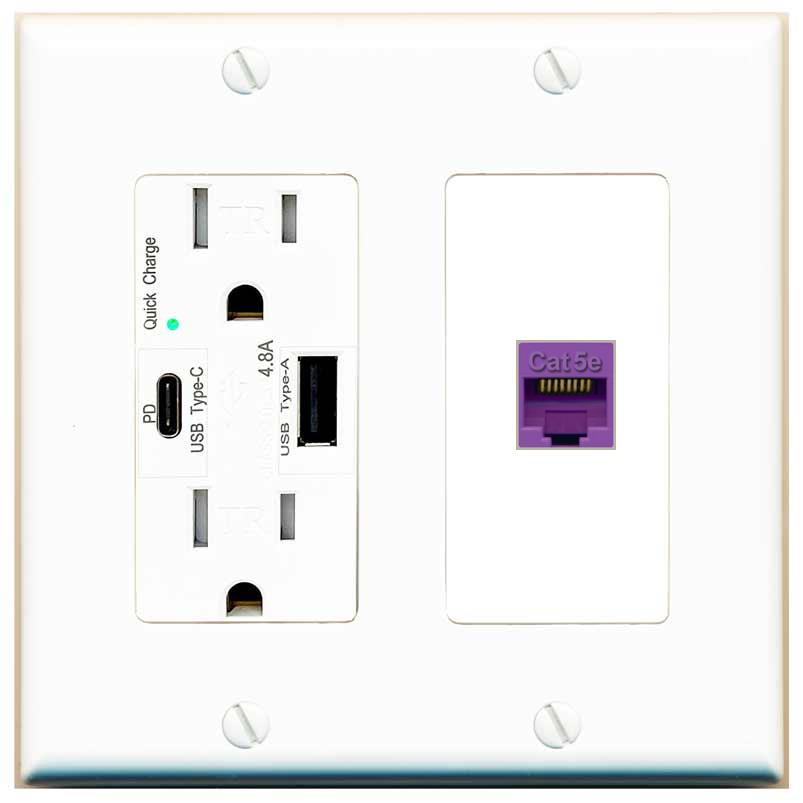 [1 Ports] CAT5E-PURPLE Wall Plate with USB A and C Chargers [White]