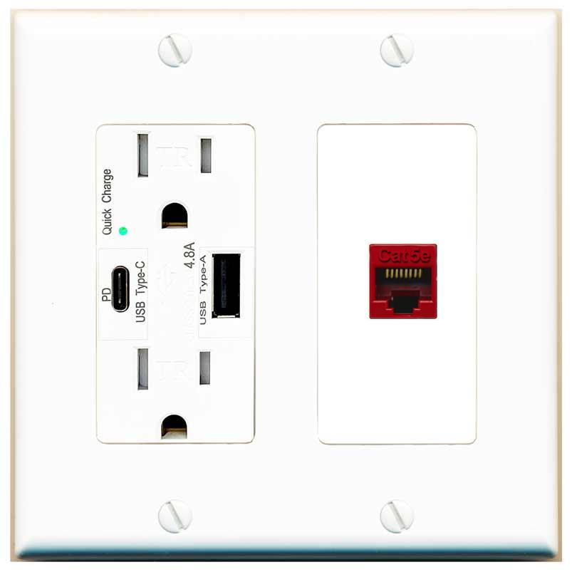 [1 Ports] CAT5E-RED Wall Plate with USB A and C Chargers [White]