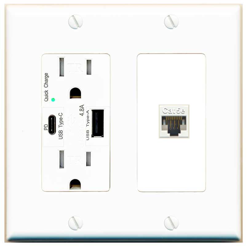 [1 Ports] CAT5E-WHITE Wall Plate with USB A and C Chargers [White]