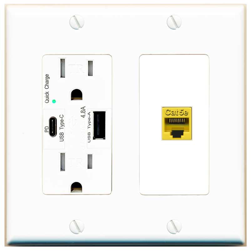 [1 Ports] CAT5E-YELLOW Wall Plate with USB A and C Chargers [White]