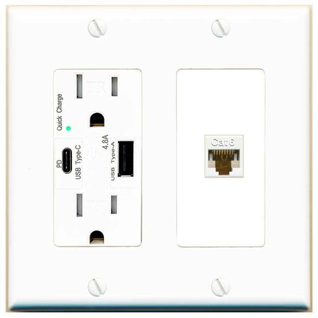 [1 Ports] CAT6 Wall Plate with USB A and C Chargers [White]