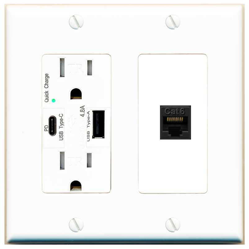 [1 Ports] CAT6-BLACK Wall Plate with USB A and C Chargers [White]