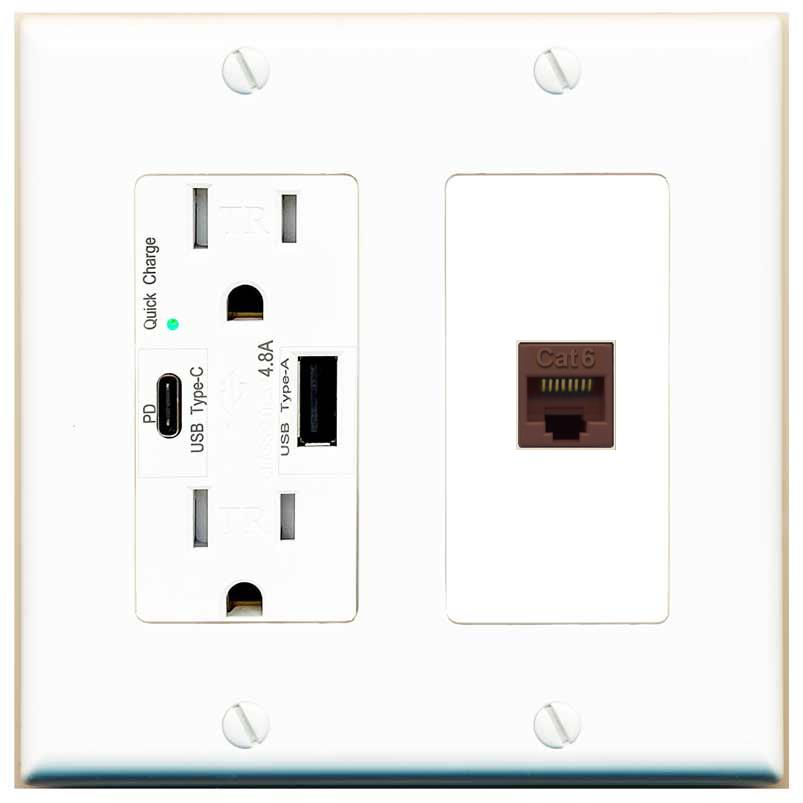 [1 Ports] CAT6-BROWN Wall Plate with USB A and C Chargers [White]