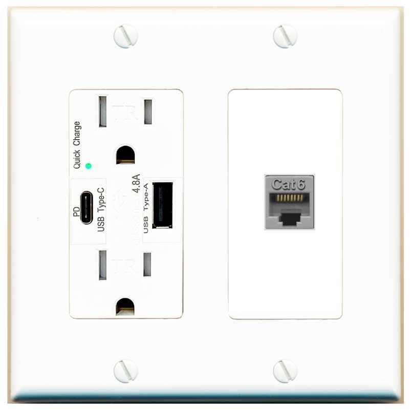 [1 Ports] CAT6-GRAY Wall Plate with USB A and C Chargers [White]