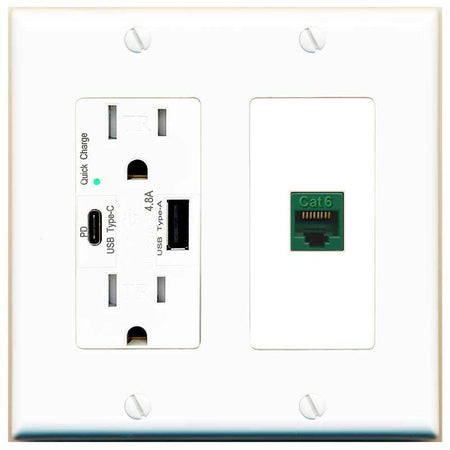 [1 Ports] CAT6-GREEN Wall Plate with USB A and C Chargers [White]