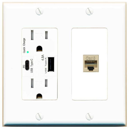 [1 Ports] CAT6-IVORY Wall Plate with USB A and C Chargers [White]